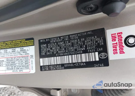 2007 Toyota Camry Xle V6 из США, поврежденный, VIN 4T1BK46K07U023408